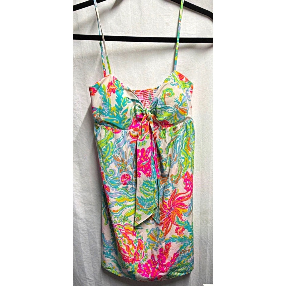 Lilly Pulitzer S Multicolor Floral Chiffon Silk Sundress Bow Smocked Lined 97623